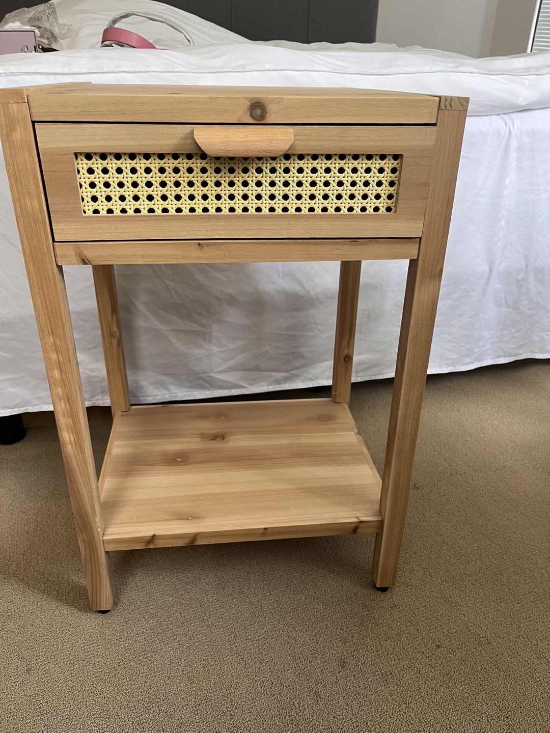 Wooden Nightstand with Rattan Drawer
