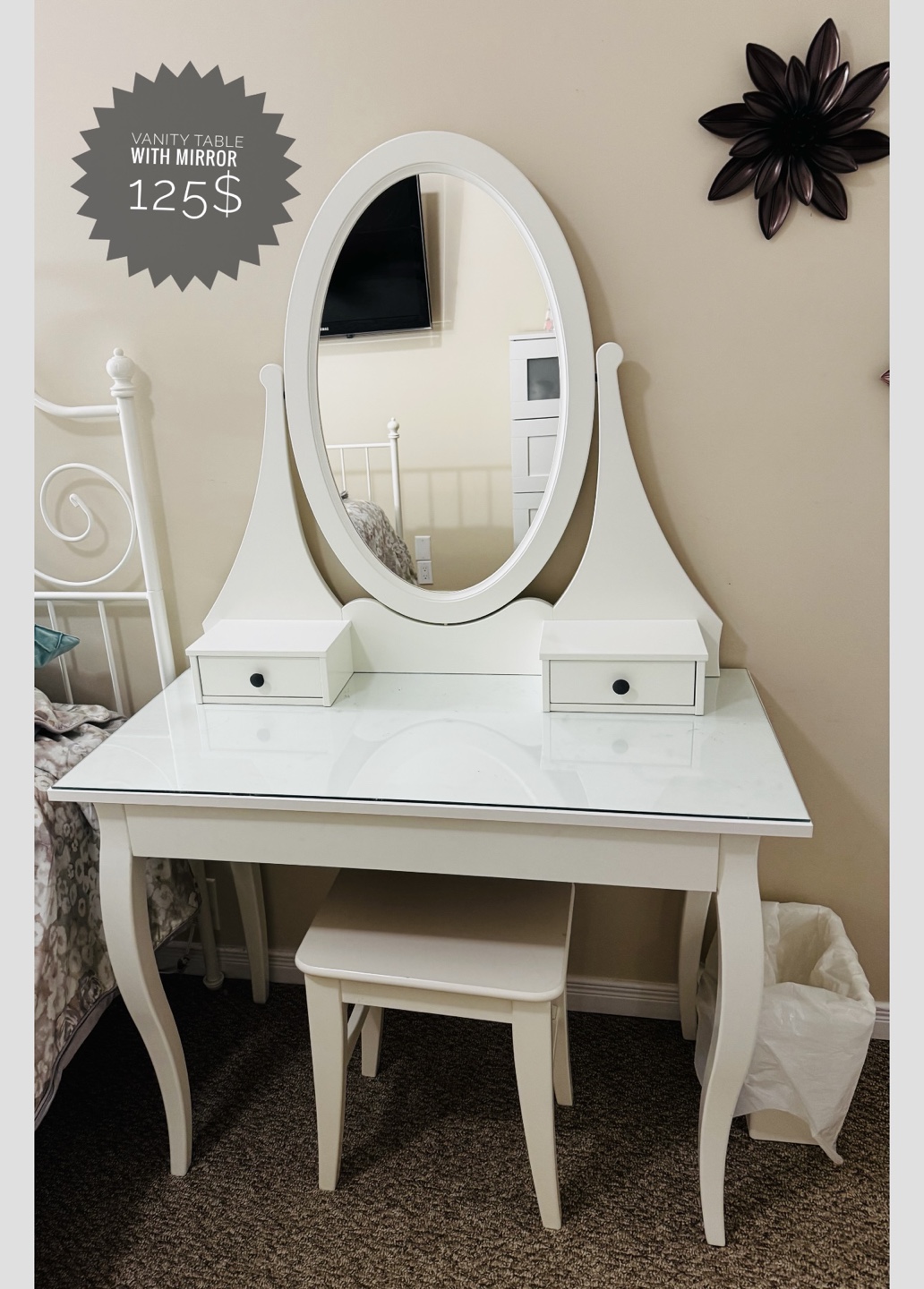 White Vanity Table with Mirror and Stool