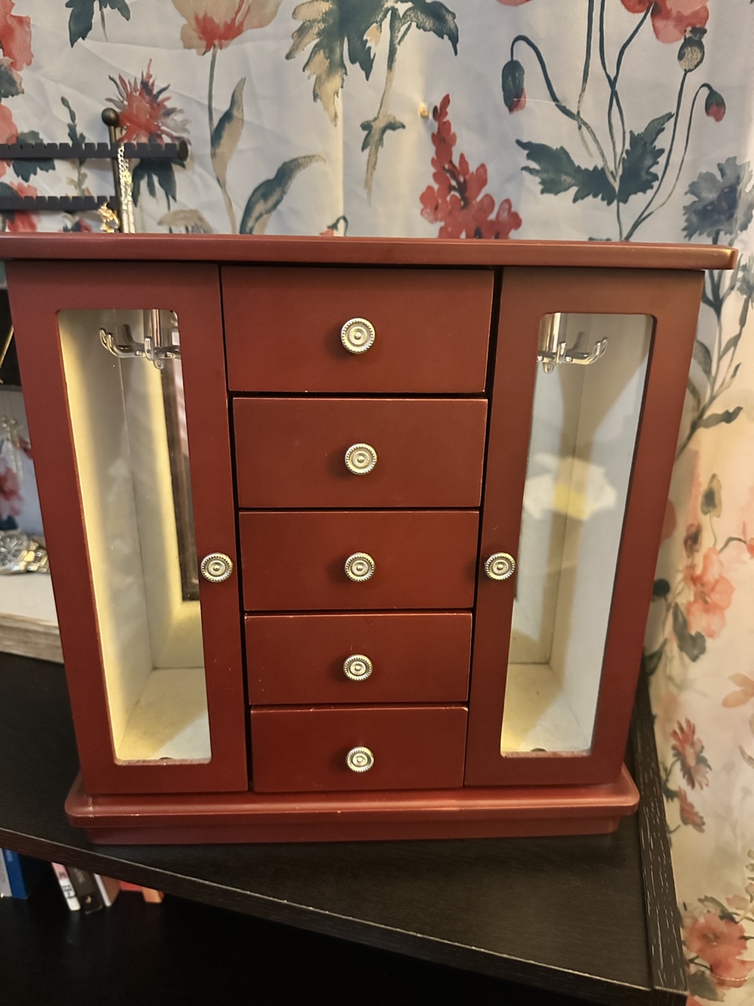 Dark Red Wooden Jewelry Armoire with 5 Drawers