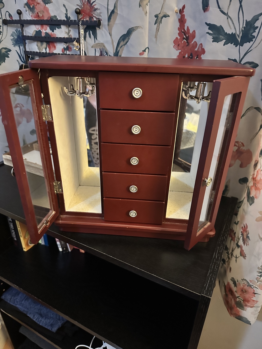 Dark Red Wooden Jewelry Armoire with 5 Drawers - photo 3