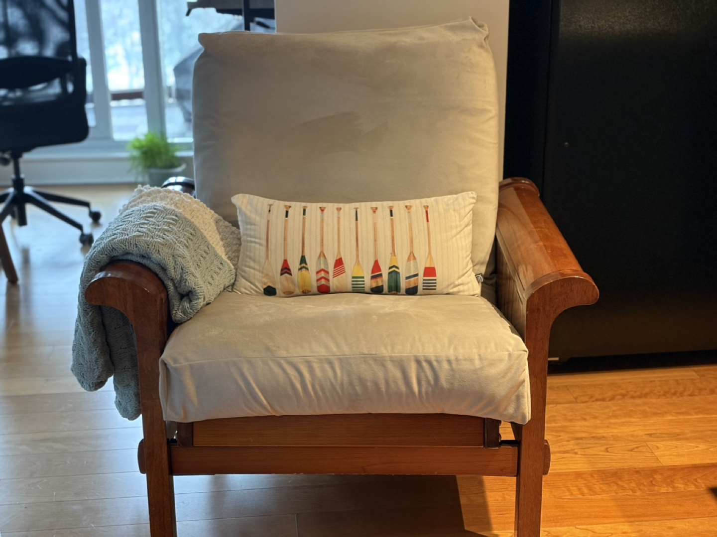 Wooden Futon Chair with Grey Cover - photo 3