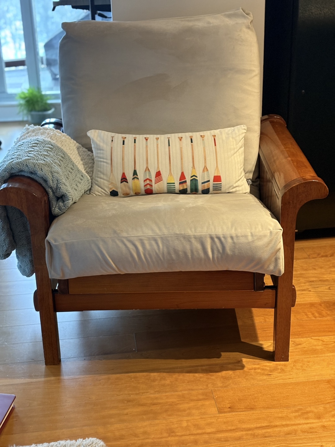 Wooden Futon Chair with Grey Cover