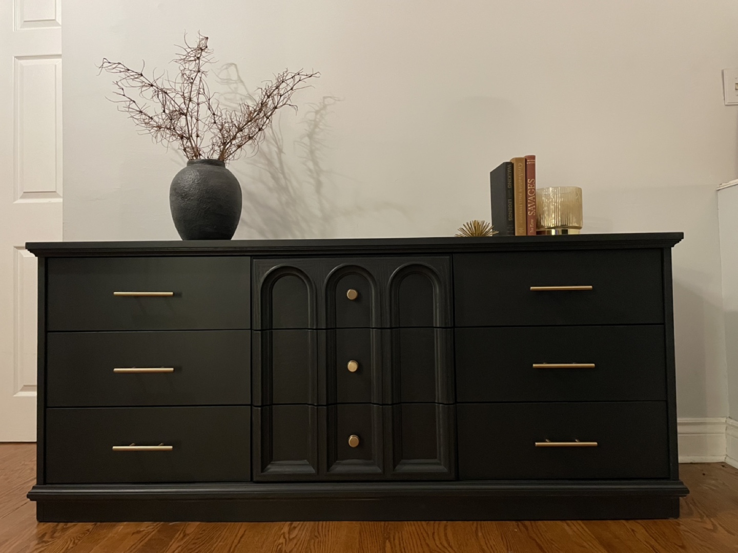Vintage Black Long Dresser / Sideboard with Gold Hardware