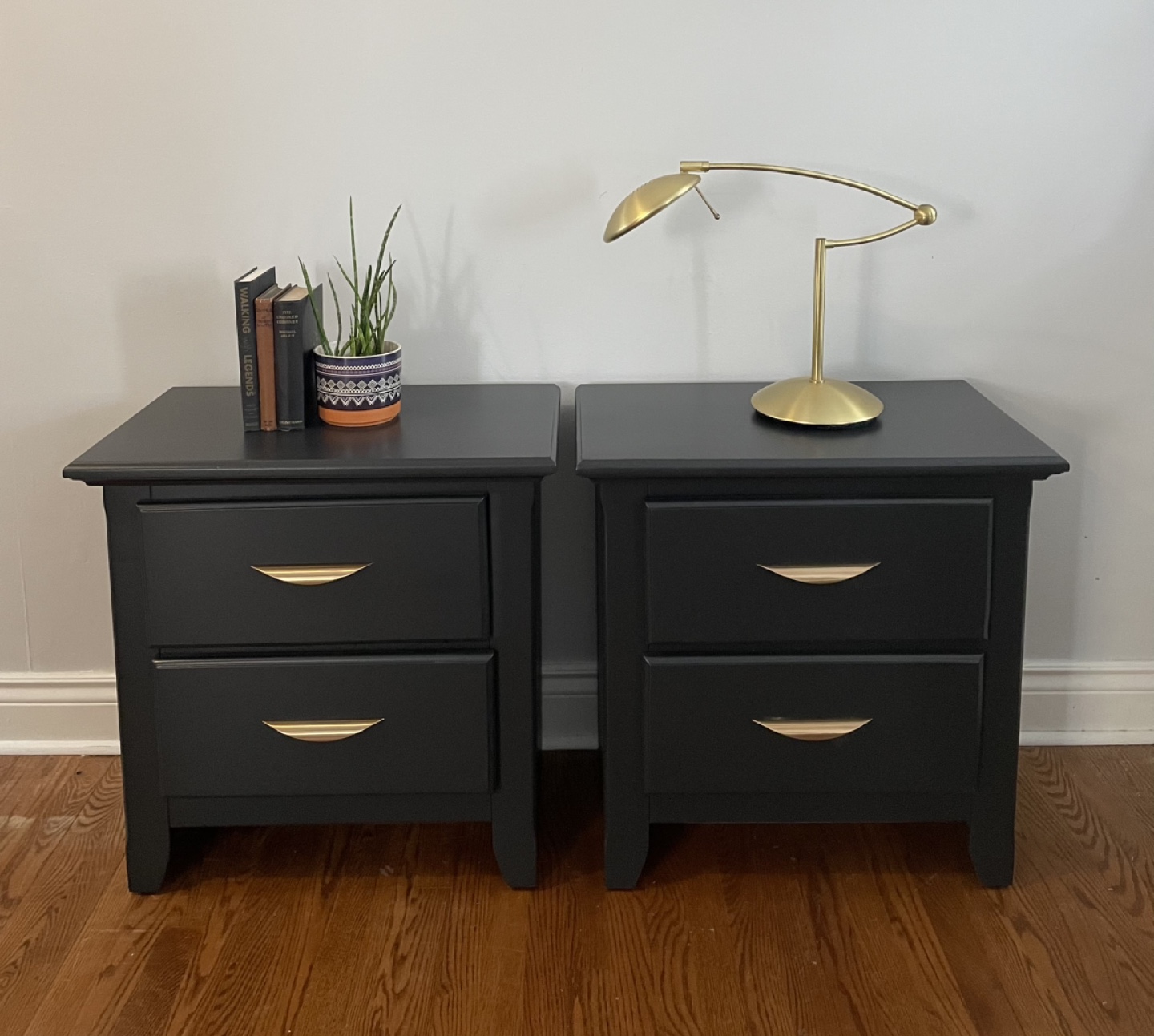 Pair of Black Nightstands with Gold Hardware