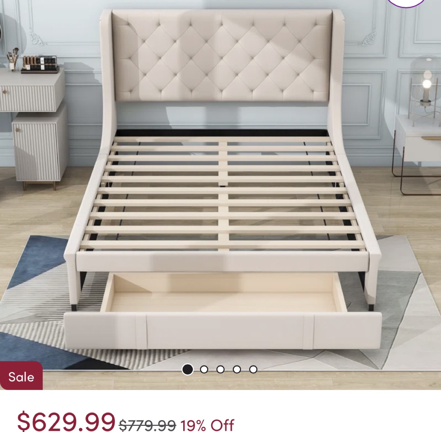 Queen  Bed Frame with Storage Drawer - Beige - photo 2