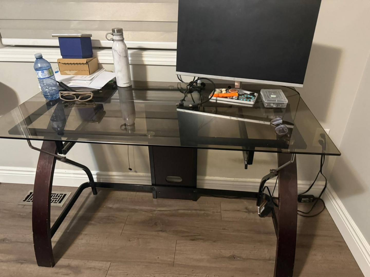 Glass Top Computer Desk with Dark Wood Legs