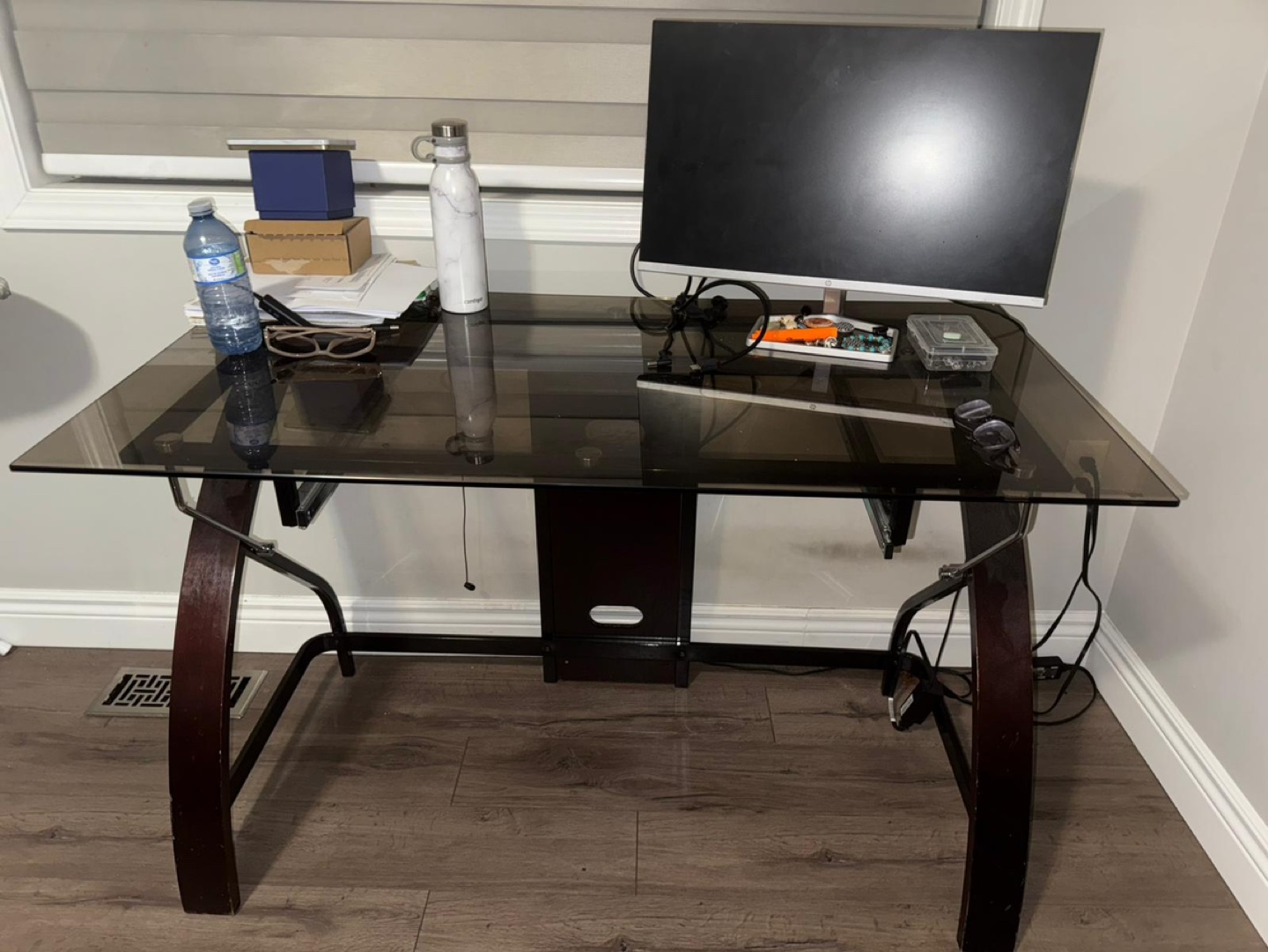 Glass Top Computer Desk with Dark Wood Legs - photo 2