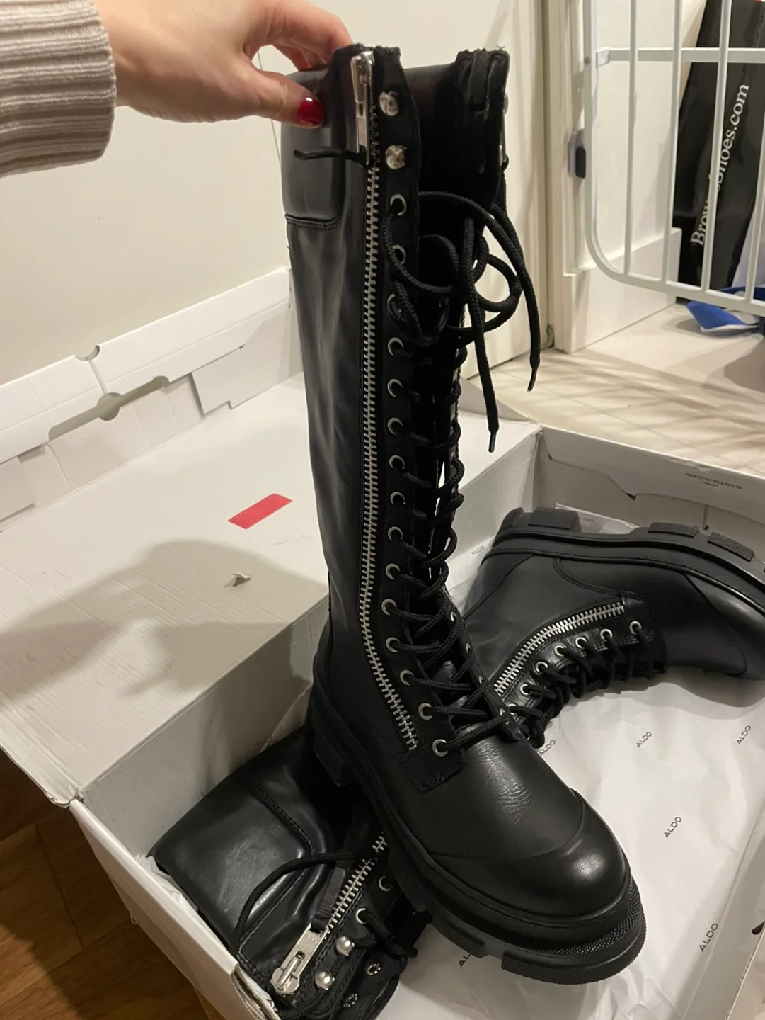 ALDO Black Leather Knee-High Lace-Up Boots image indicator(2)