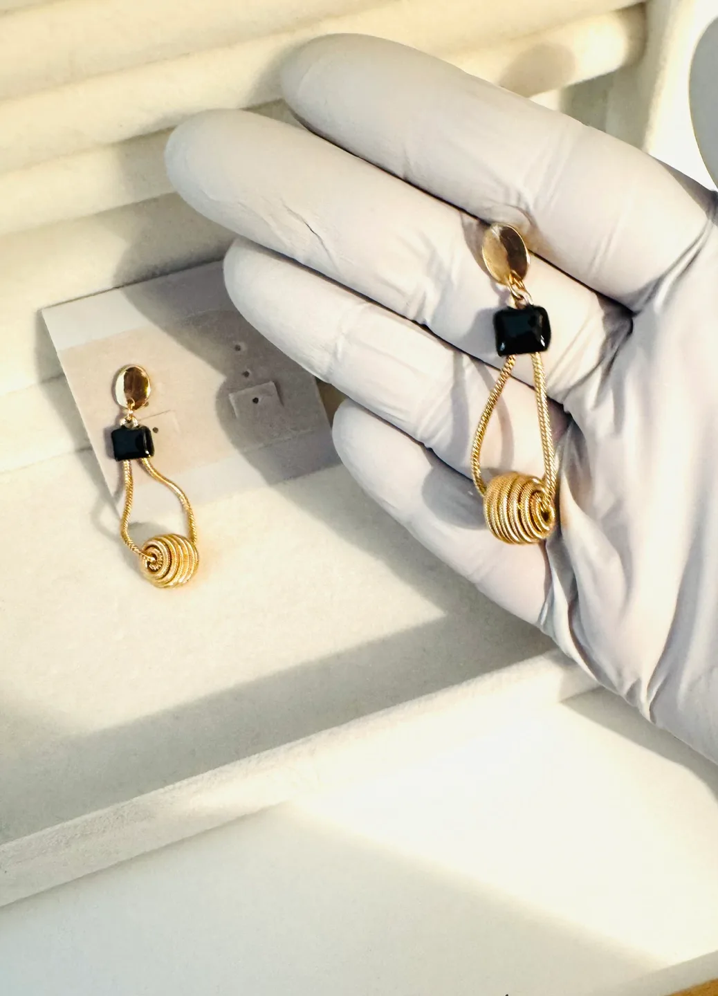 Dangle Earrings 14K Gold Plated, w Black Onyx Enameling image indicator(3)