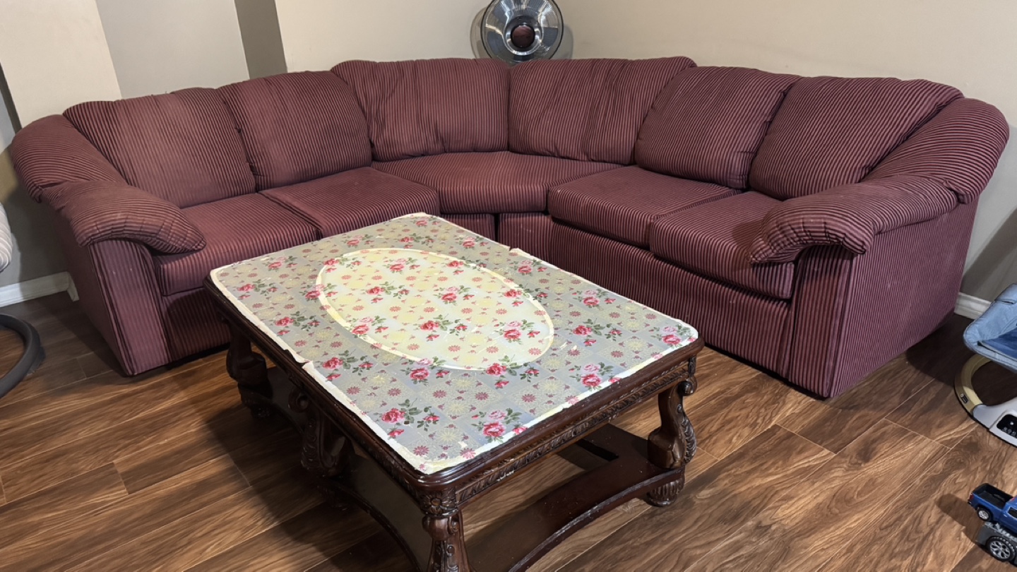 Used Burgundy Sectional Sofa and Coffee Table