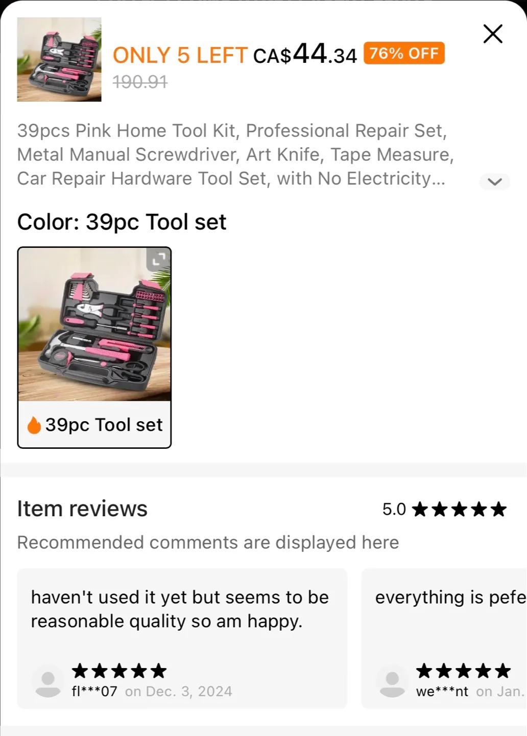 39-Piece Pink Accented General Tool Set image indicator(2)