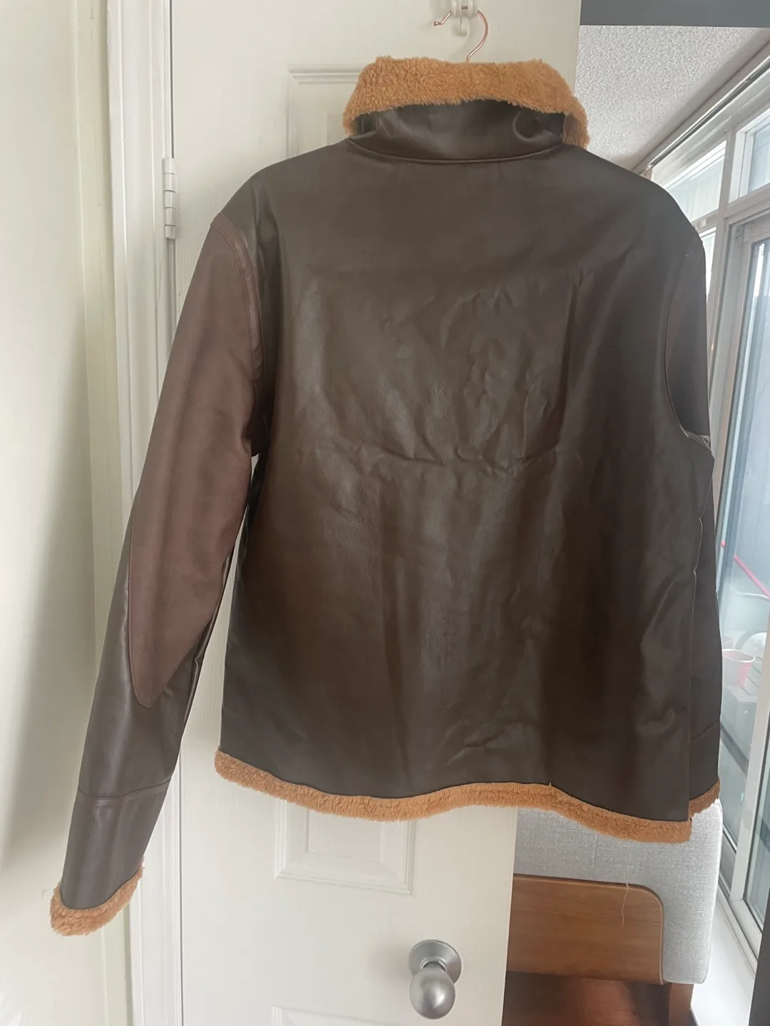 Brown Faux Leather Aviator Jacket with Sherpa Collar image indicator(2)