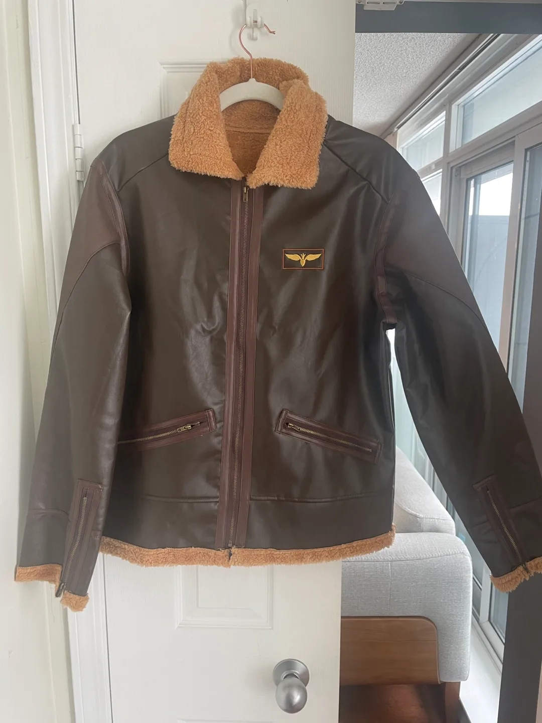 Brown Faux Leather Aviator Jacket with Sherpa Collar image indicator(3)