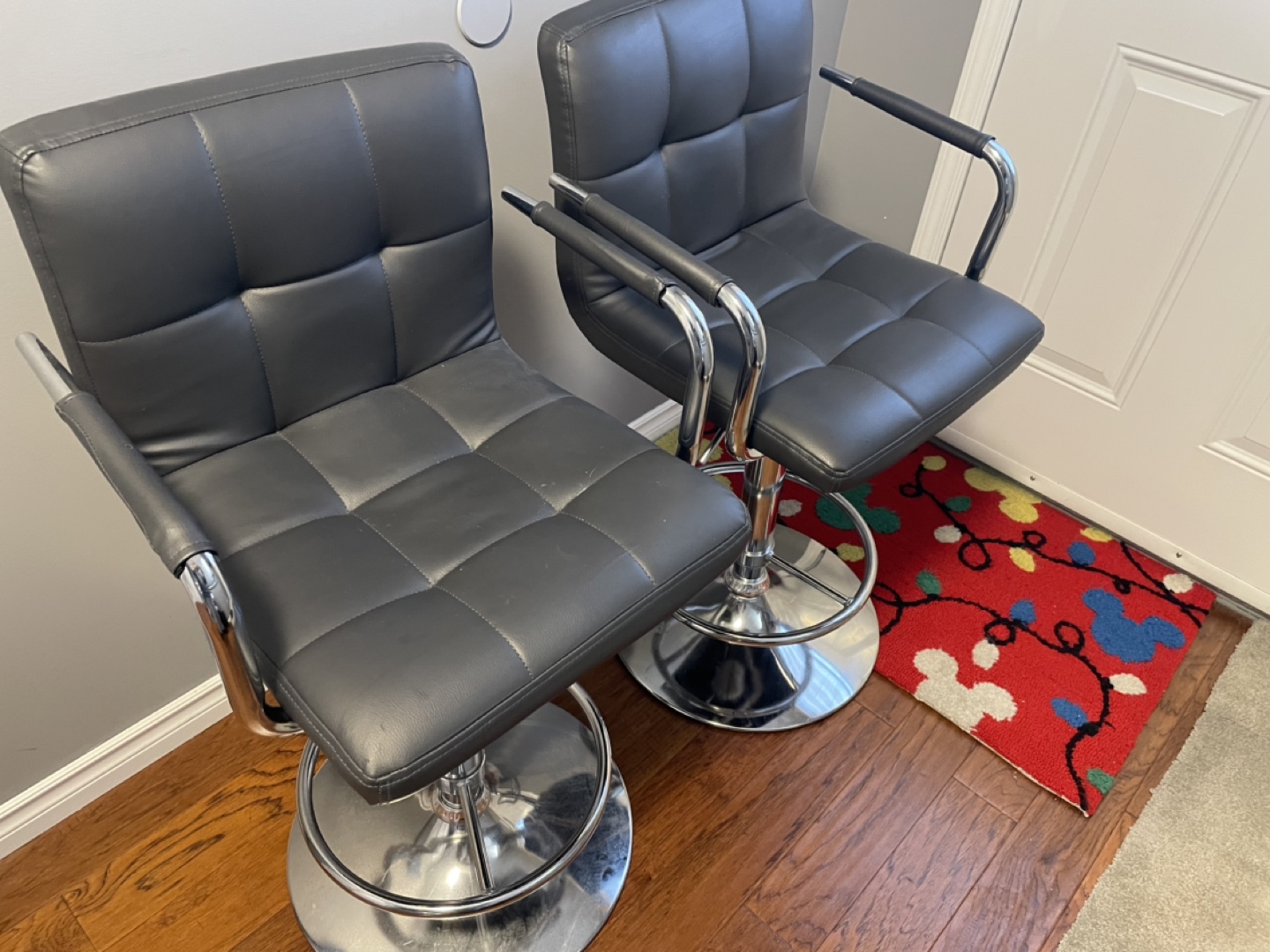 Pair of Black Leather Bar Stools with Chrome Legs