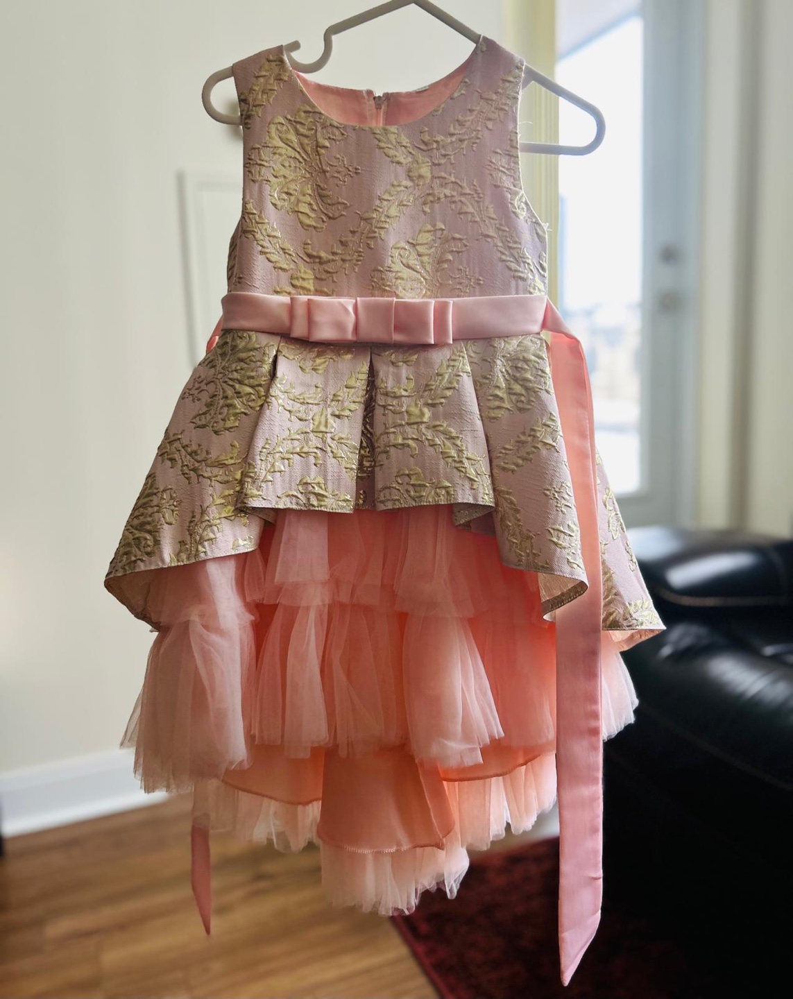 Girls' Pink and Gold Brocade Dress with Tulle Overlay