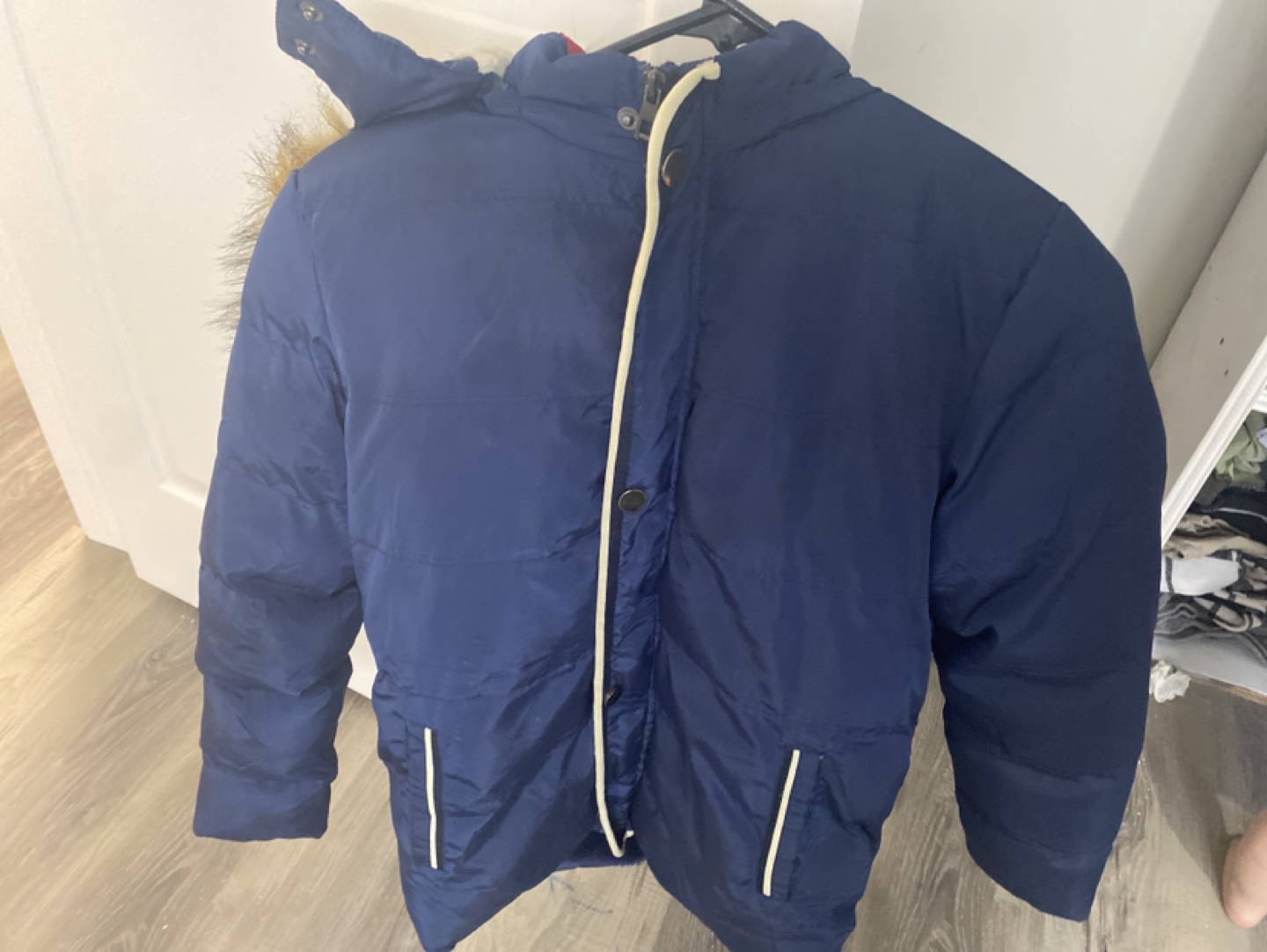 Navy Blue Puffer Jacket with Faux Fur Hood