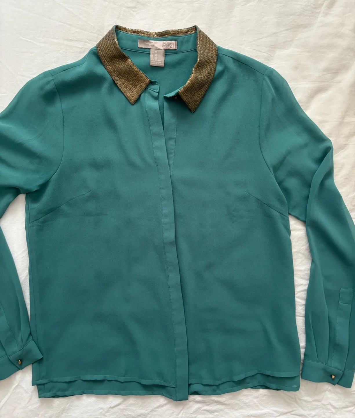 🏈 Teal Sequinned Collared Button Down Blouse image indicator(2)
