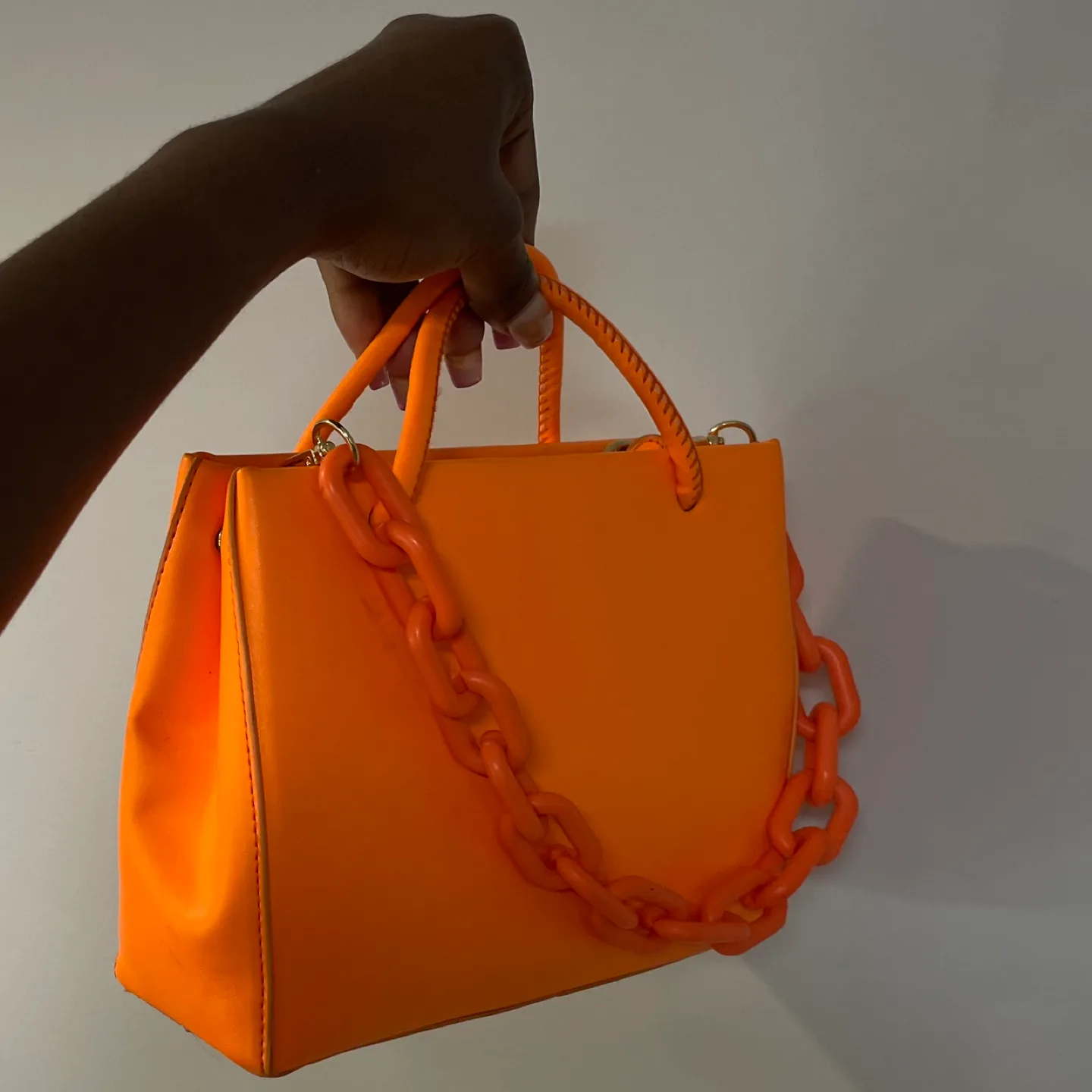Double Handle Orange Handbag with Chain Strap thumbnail