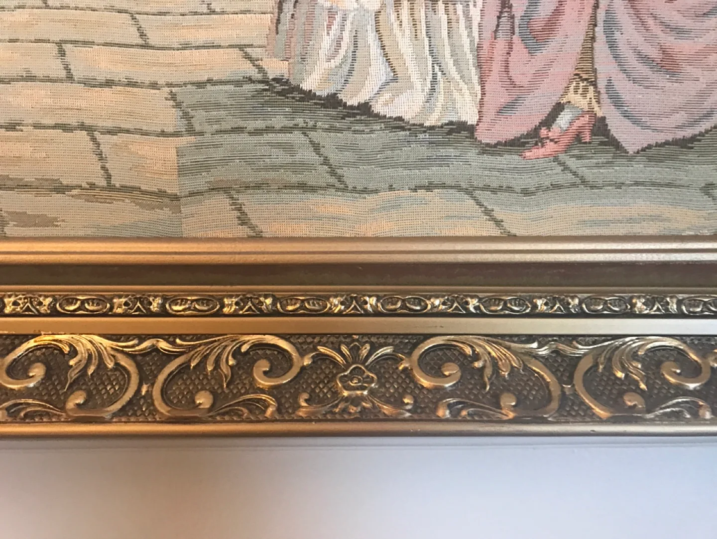 Antique tapestry wall hanging in ornate gold frame image indicator(2)