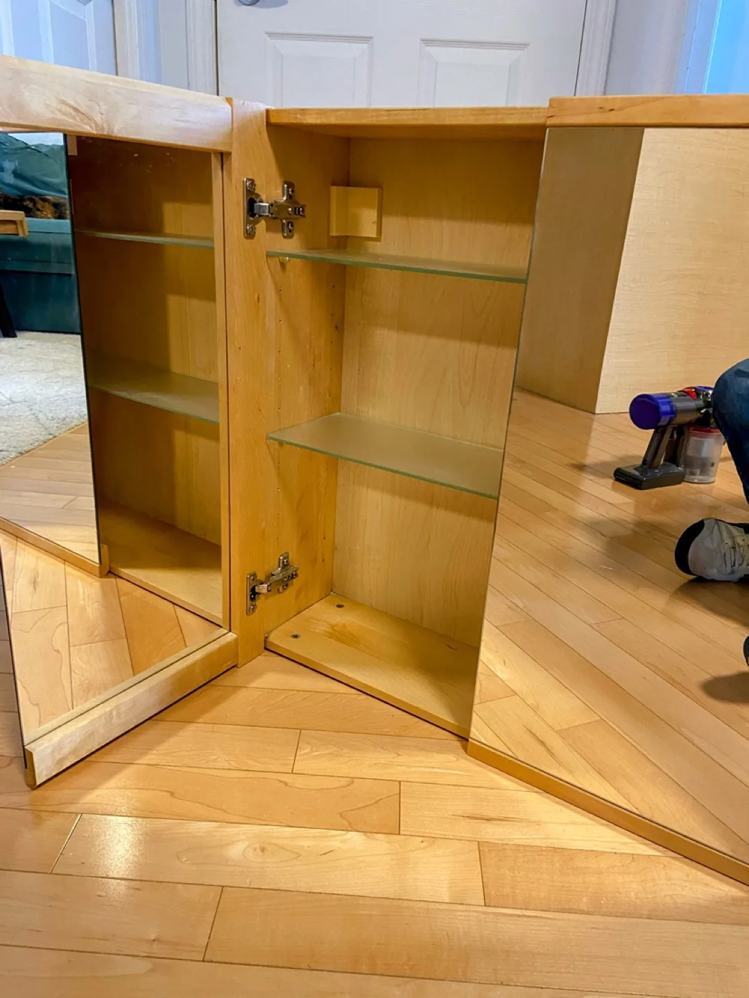 IKEA Bjorken wooden cabinet with mirrored doors thumbnail