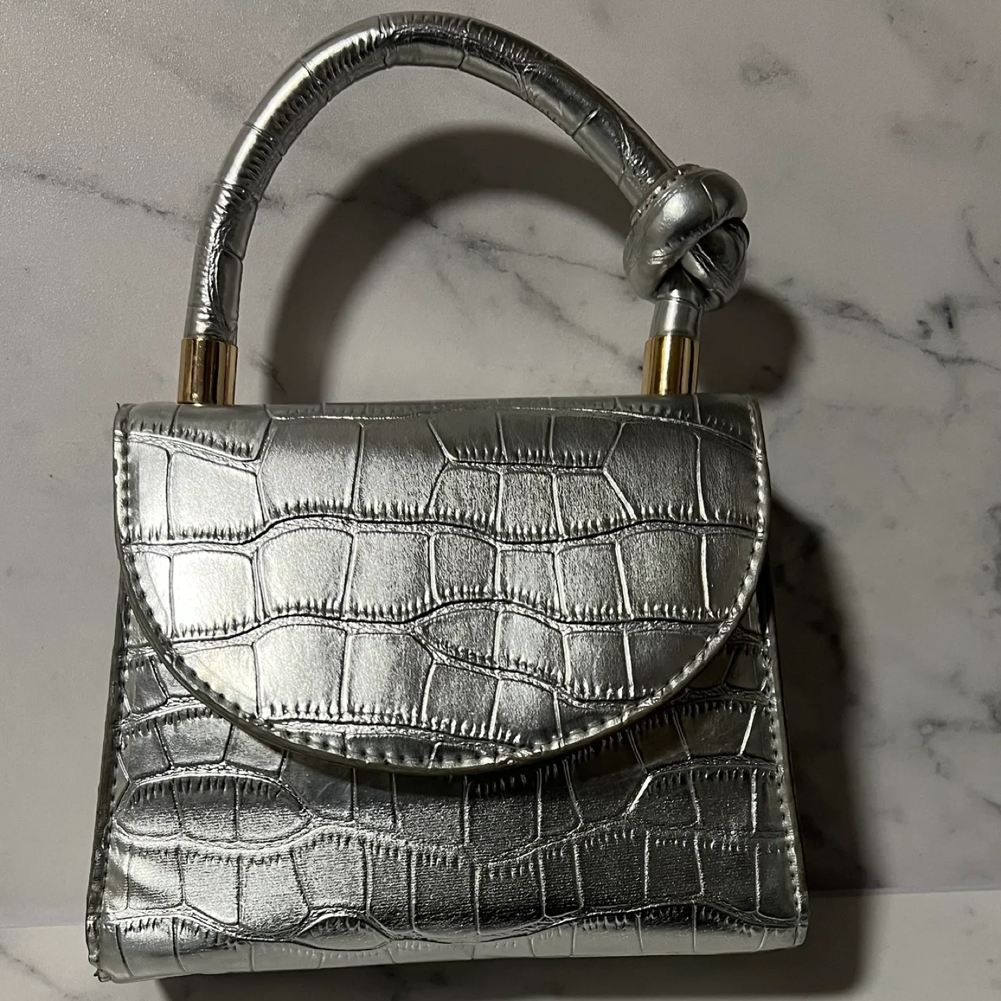 Silver Crocodile-Embossed Mini Handbag with Chain Strap thumbnail
