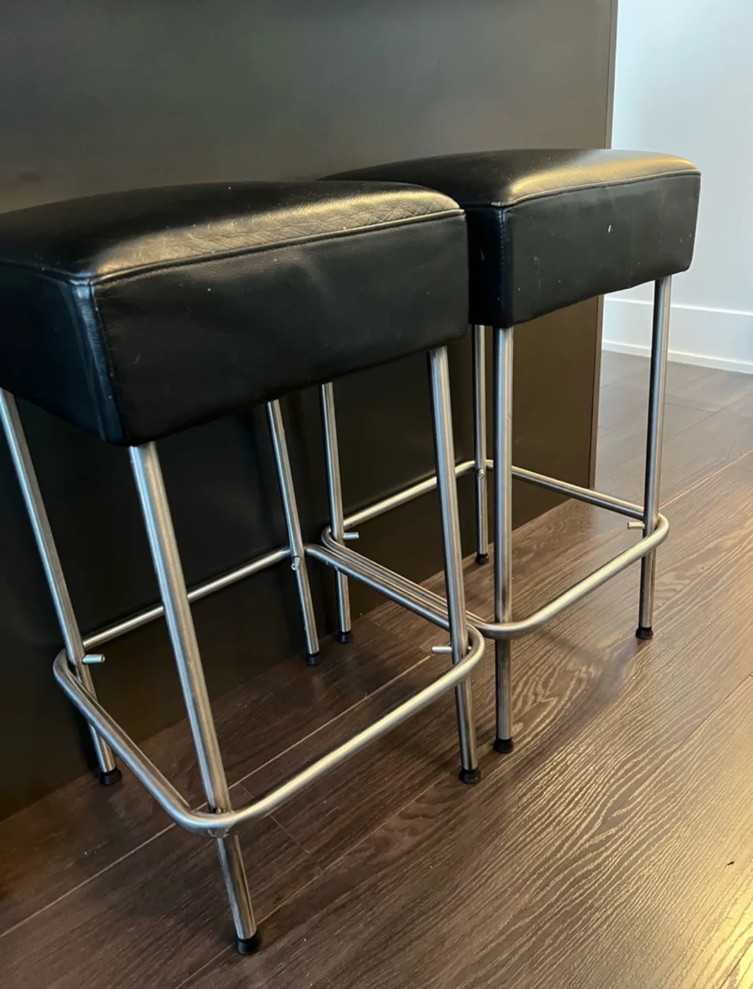 Pair of Black Leather Bar Stools with Stainless Steel Legs thumbnail
