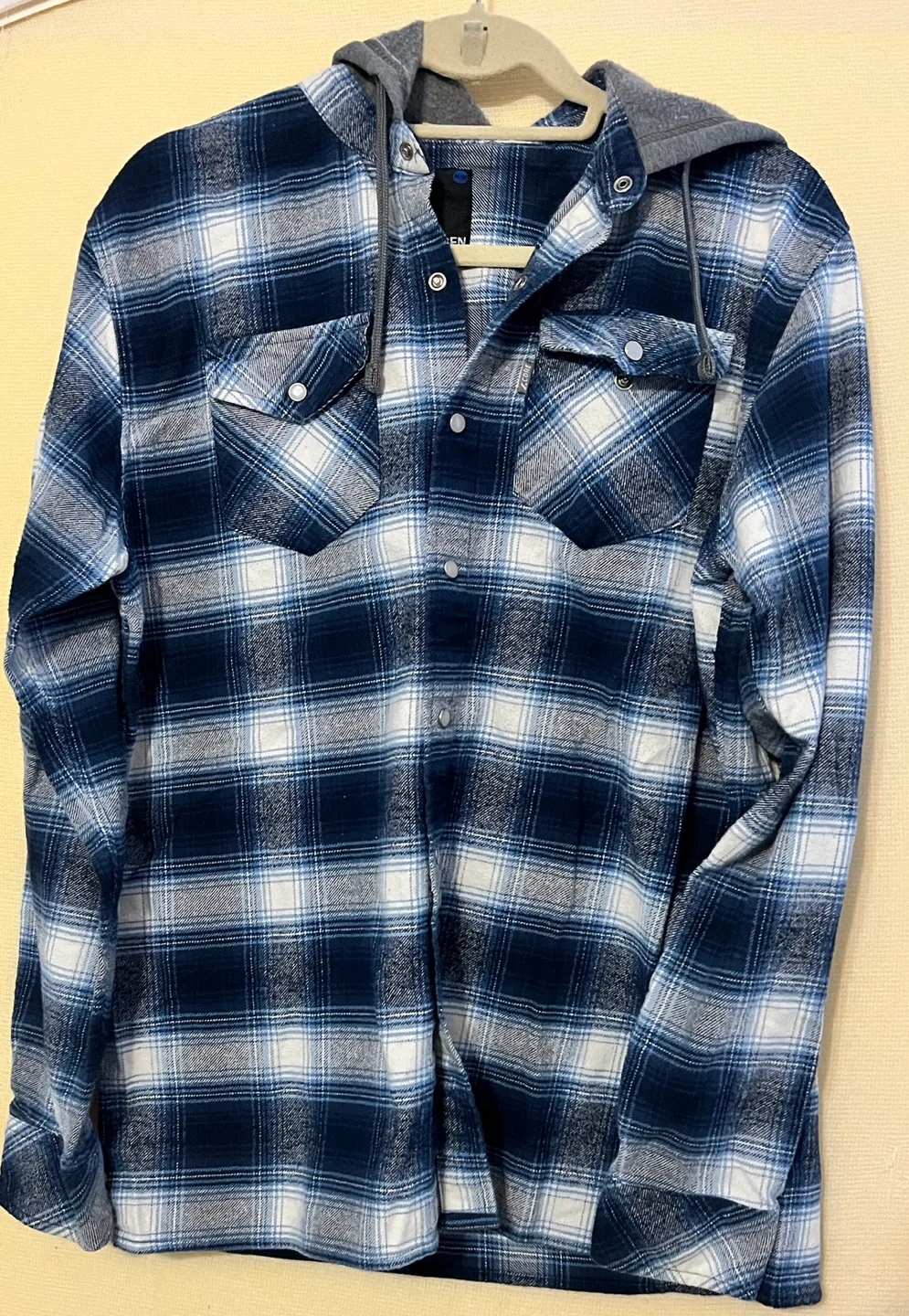 Men's Blue and White Plaid Flannel Hoodie Shirt image indicator(2)