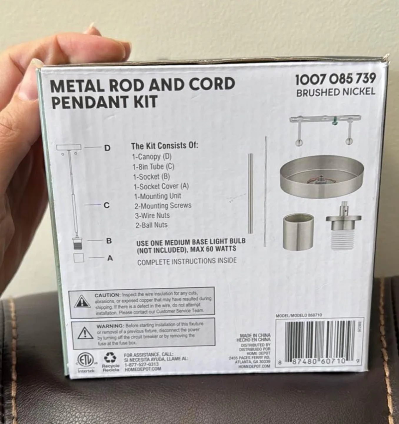 BRAND NEW Brushed Nickel Metal Rod and Cord Pendant Kit image indicator(3)