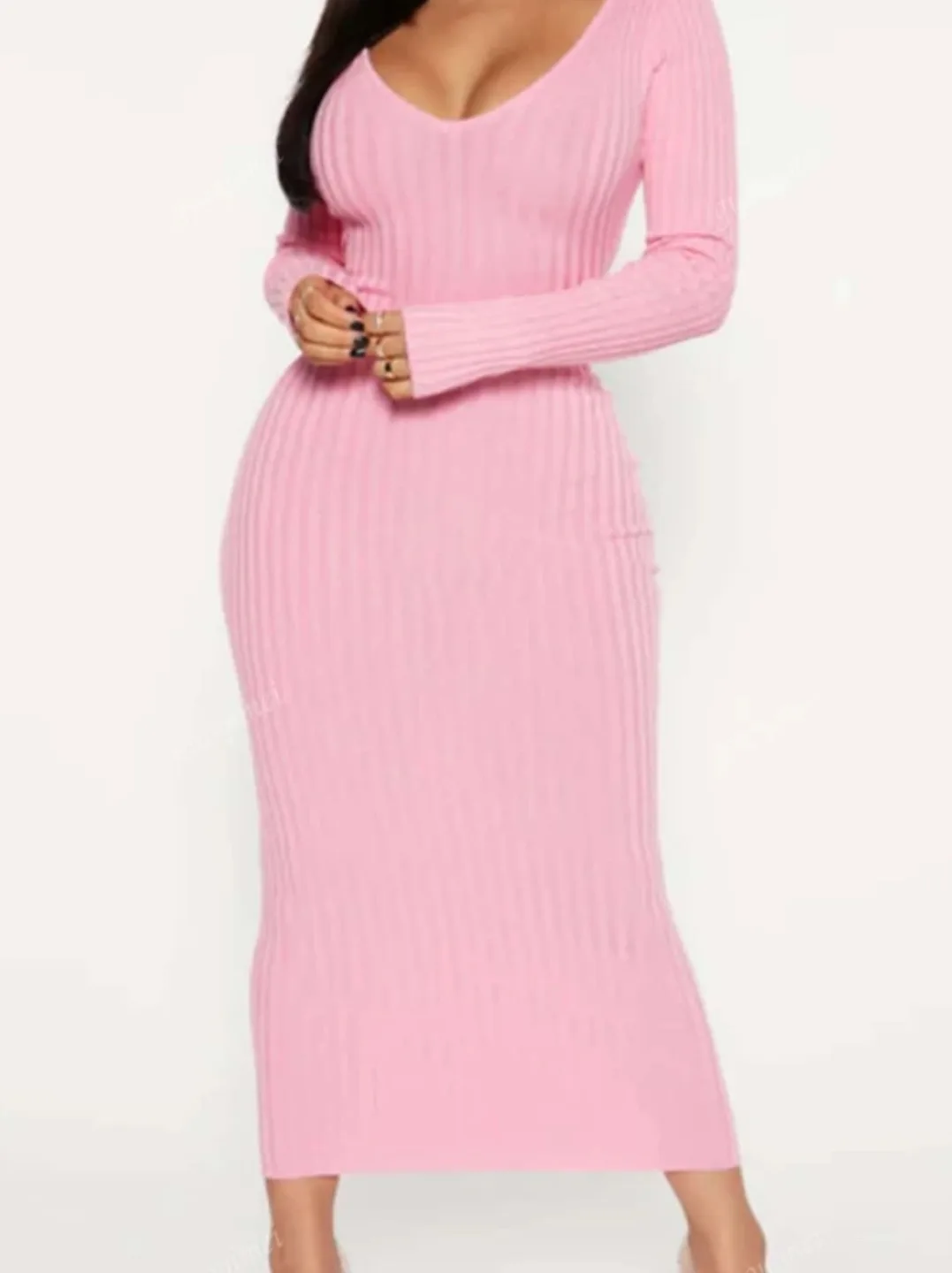 Pink Ribbed Knit Midi Dress thumbnail