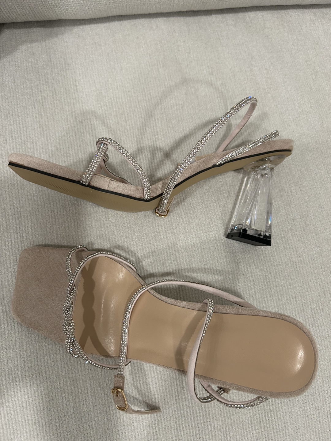 Rhinestone embellished square-toe heeled sandals
