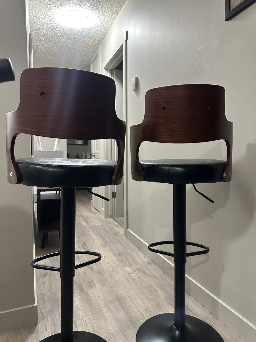 2 Pair of Adjustable Bar Stools - Black Leather and Walnut - photo 4