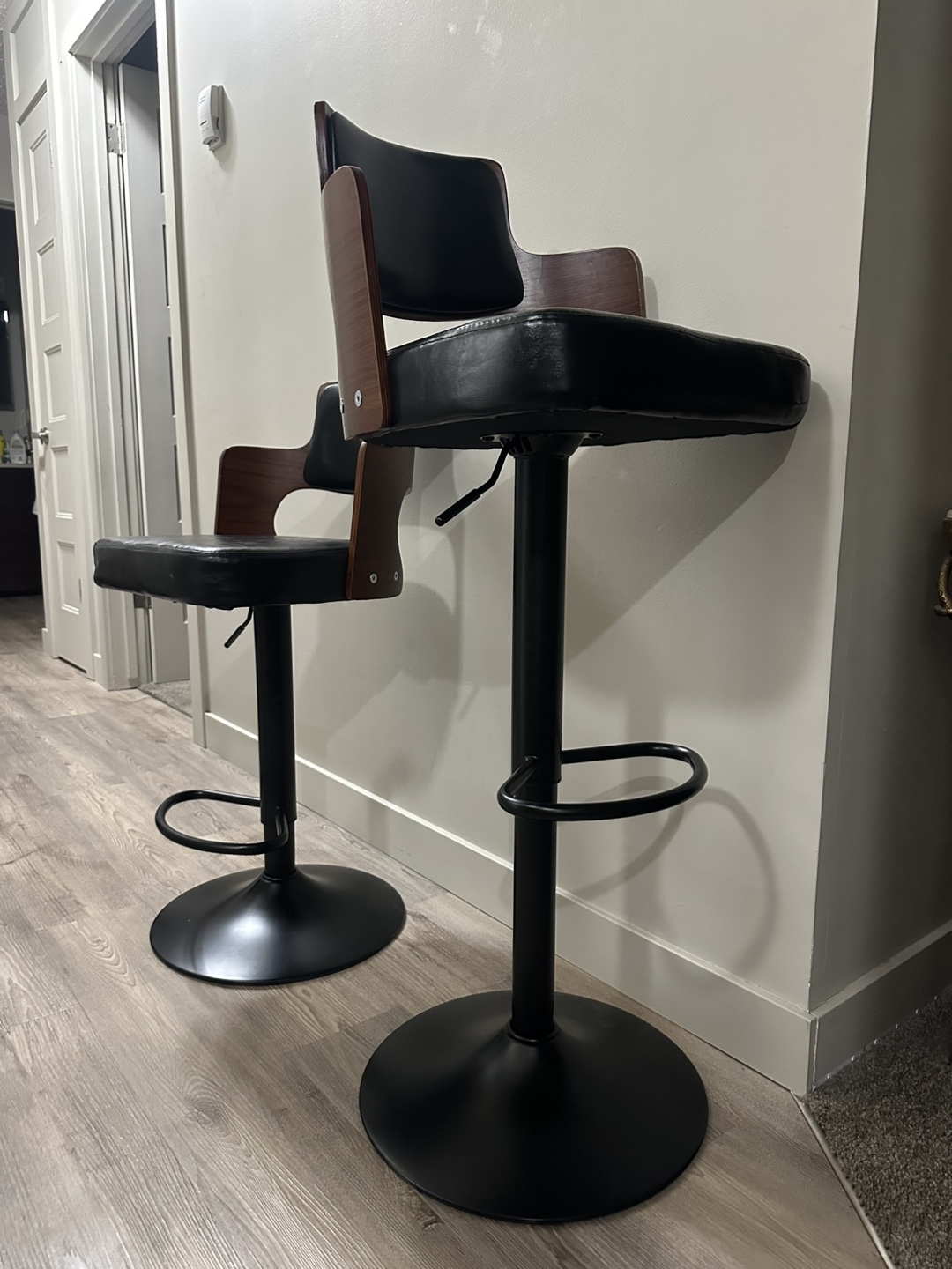 2 Pair of Adjustable Bar Stools - Black Leather and Walnut - photo 2
