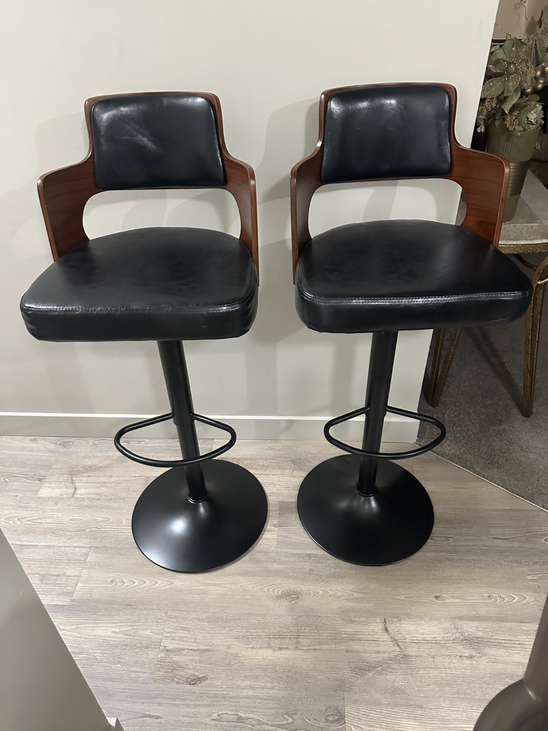2 Pair of Adjustable Bar Stools - Black Leather and Walnut