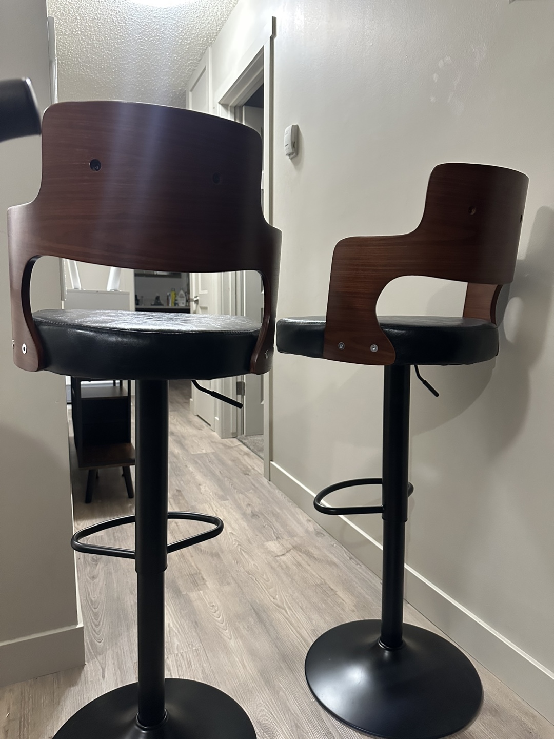2 Pair of Adjustable Bar Stools - Black Leather and Walnut - photo 5