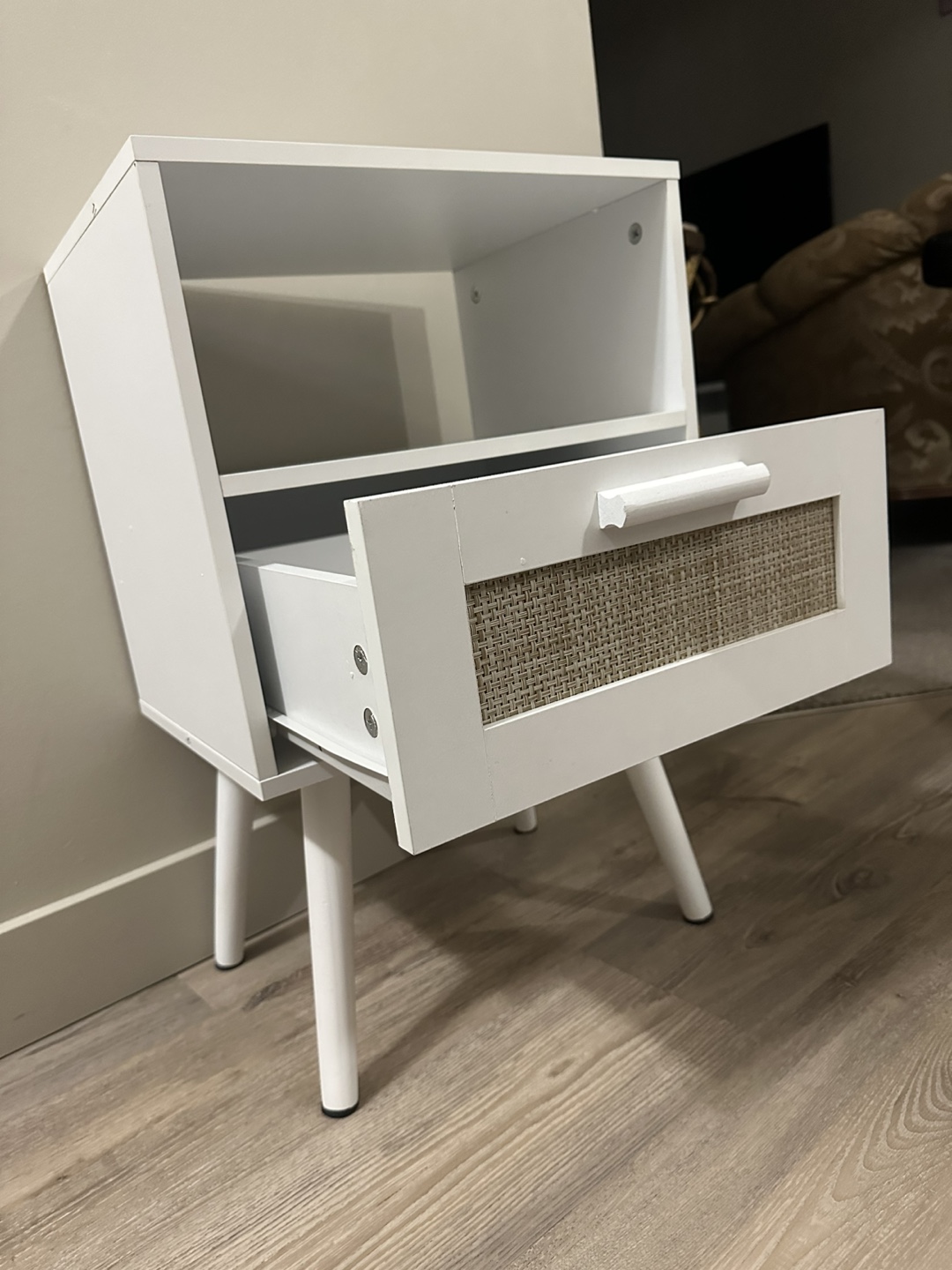New White Nightstand with Drawer and Shelf