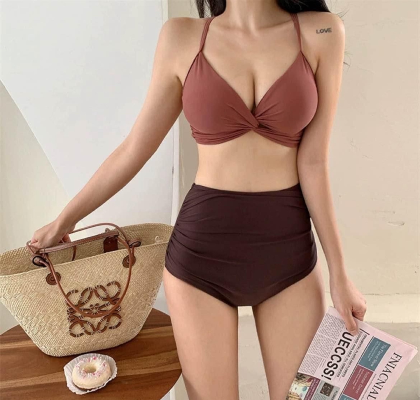 Pink and Brown high-waisted bikini set