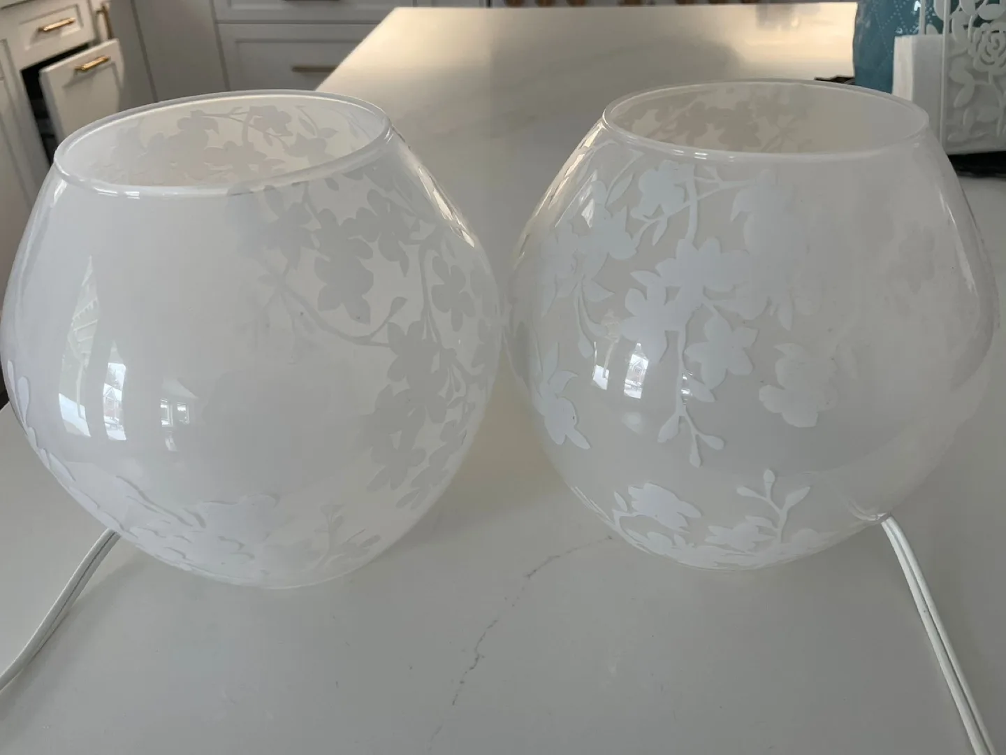 Pair of White Glass Table Lamps with Floral Design image indicator(2)