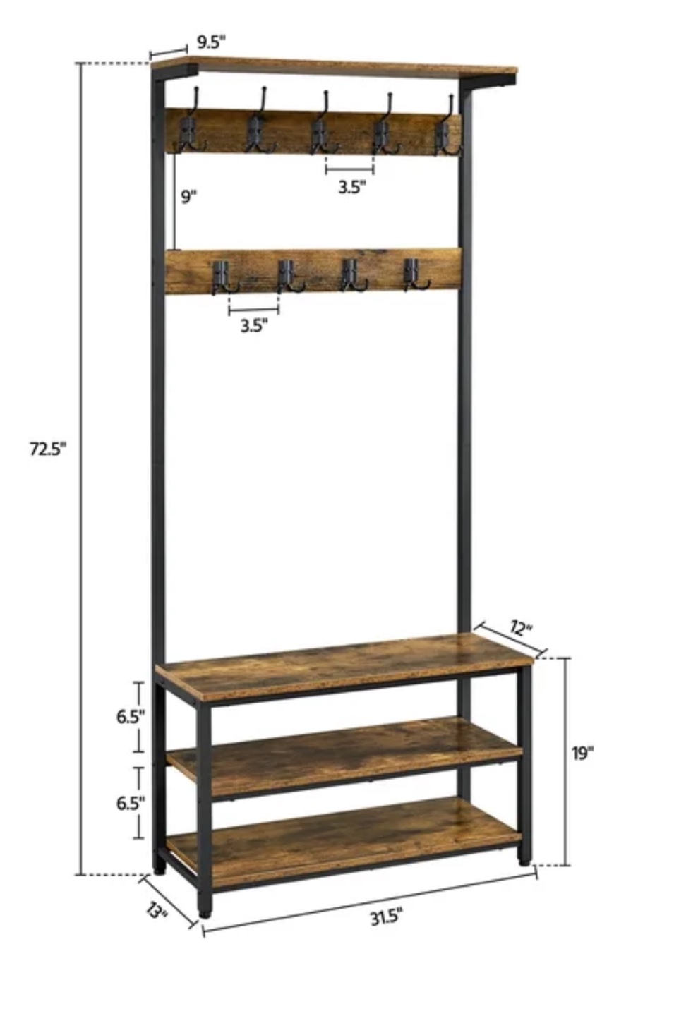 Rustic Industrial Hall Tree with Bench and Shoe Storage