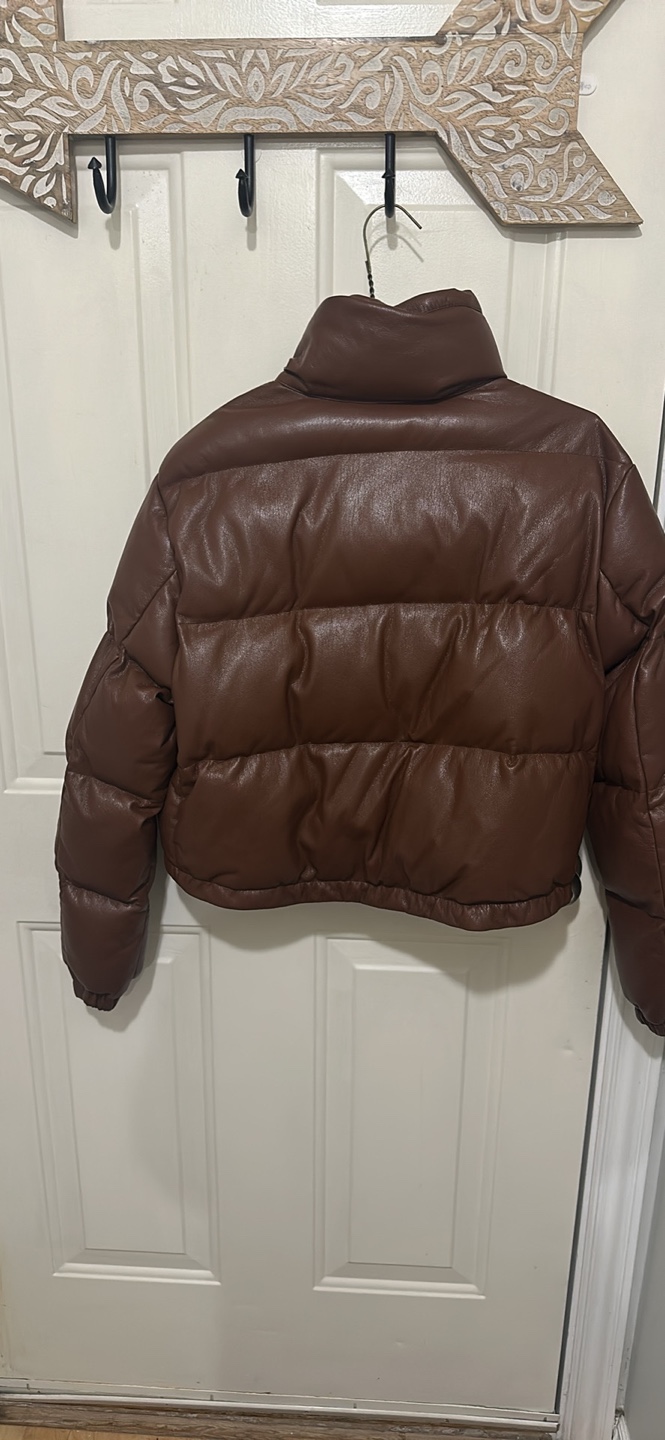 Brown Faux Leather Puffer Jacket - photo 2