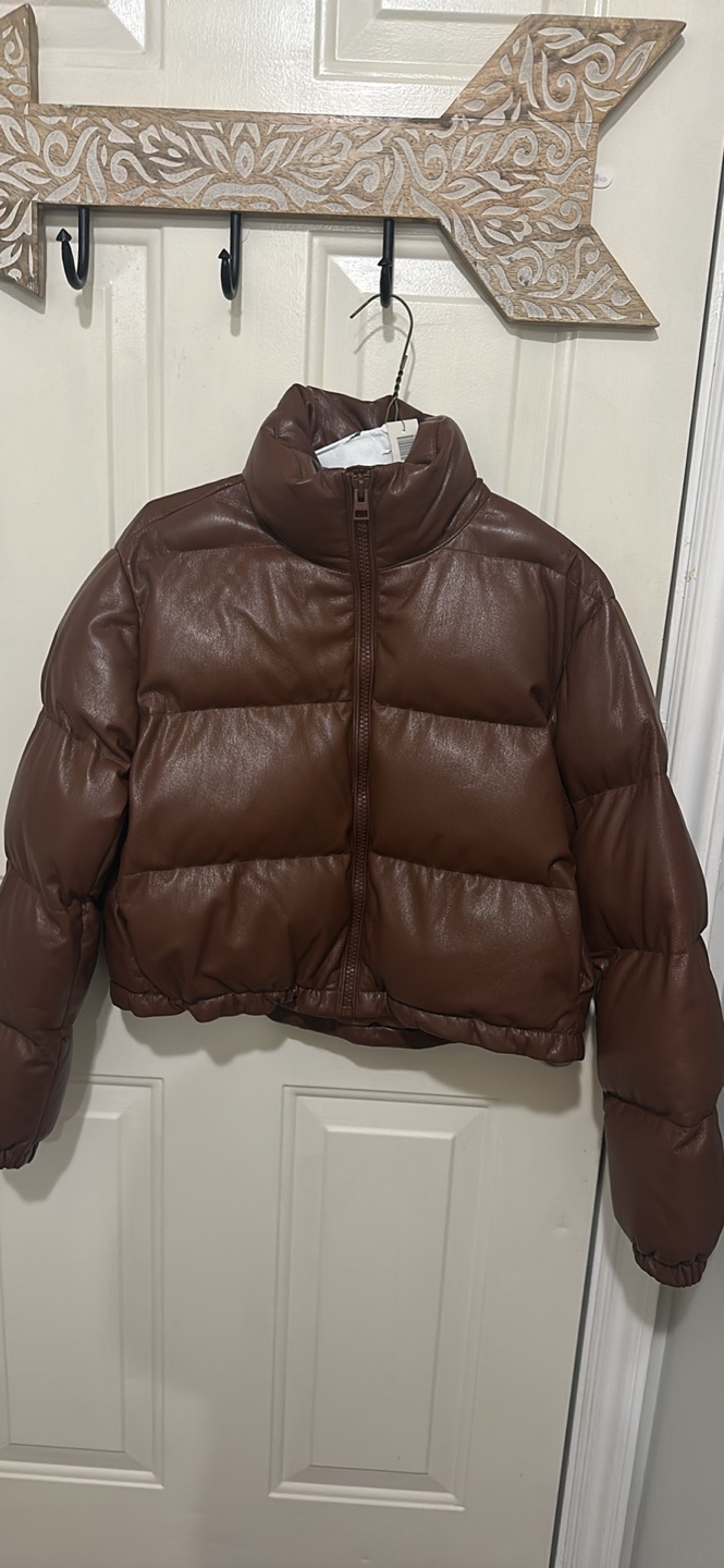 Brown Faux Leather Puffer Jacket