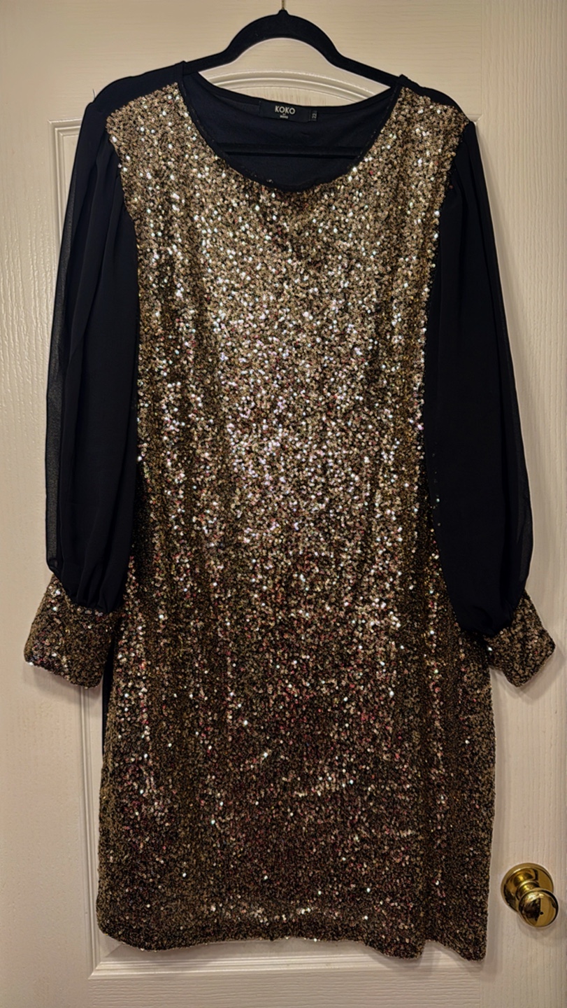 Gold Sequin plus size dress with black sheer sleeves