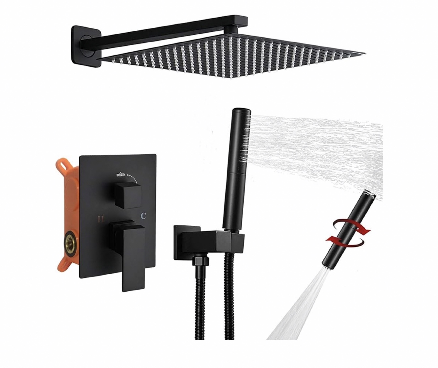 Black Matte Square Rainfall Shower Faucet System