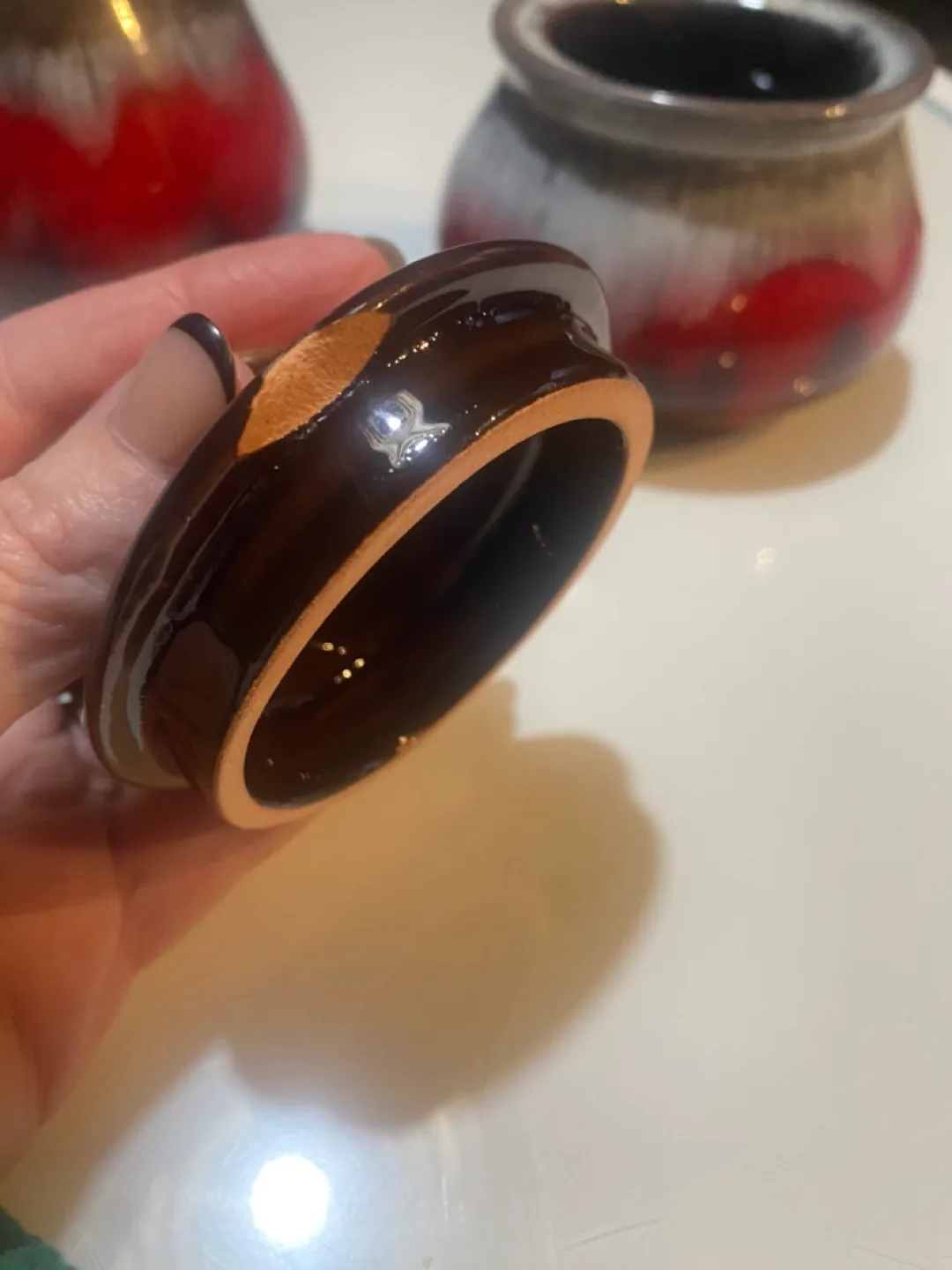 Vintage Red and Brown Ceramic Sugar Bowl and Creamer Set image indicator(3)