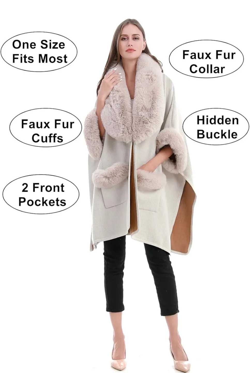 Beige Faux Fur Trim Poncho image indicator(5)