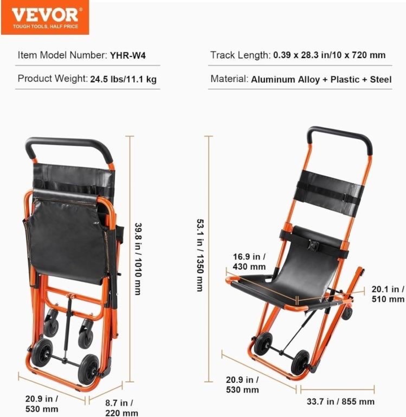 VEVOR Manual Stair Chair, 350 lbs Load - photo 2