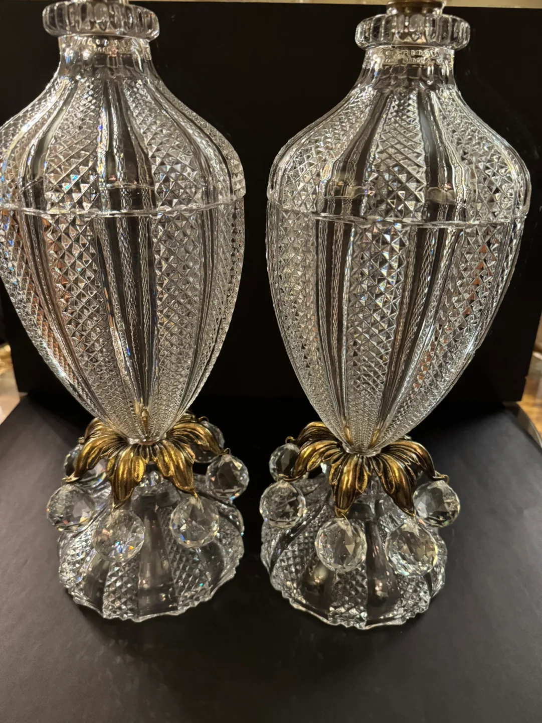 Vintage Pair of Crystal Candy Bowls with Brass Accents image indicator(5)