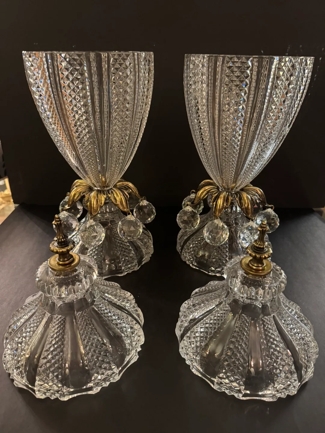 Vintage Pair of Crystal Candy Bowls with Brass Accents image indicator(4)