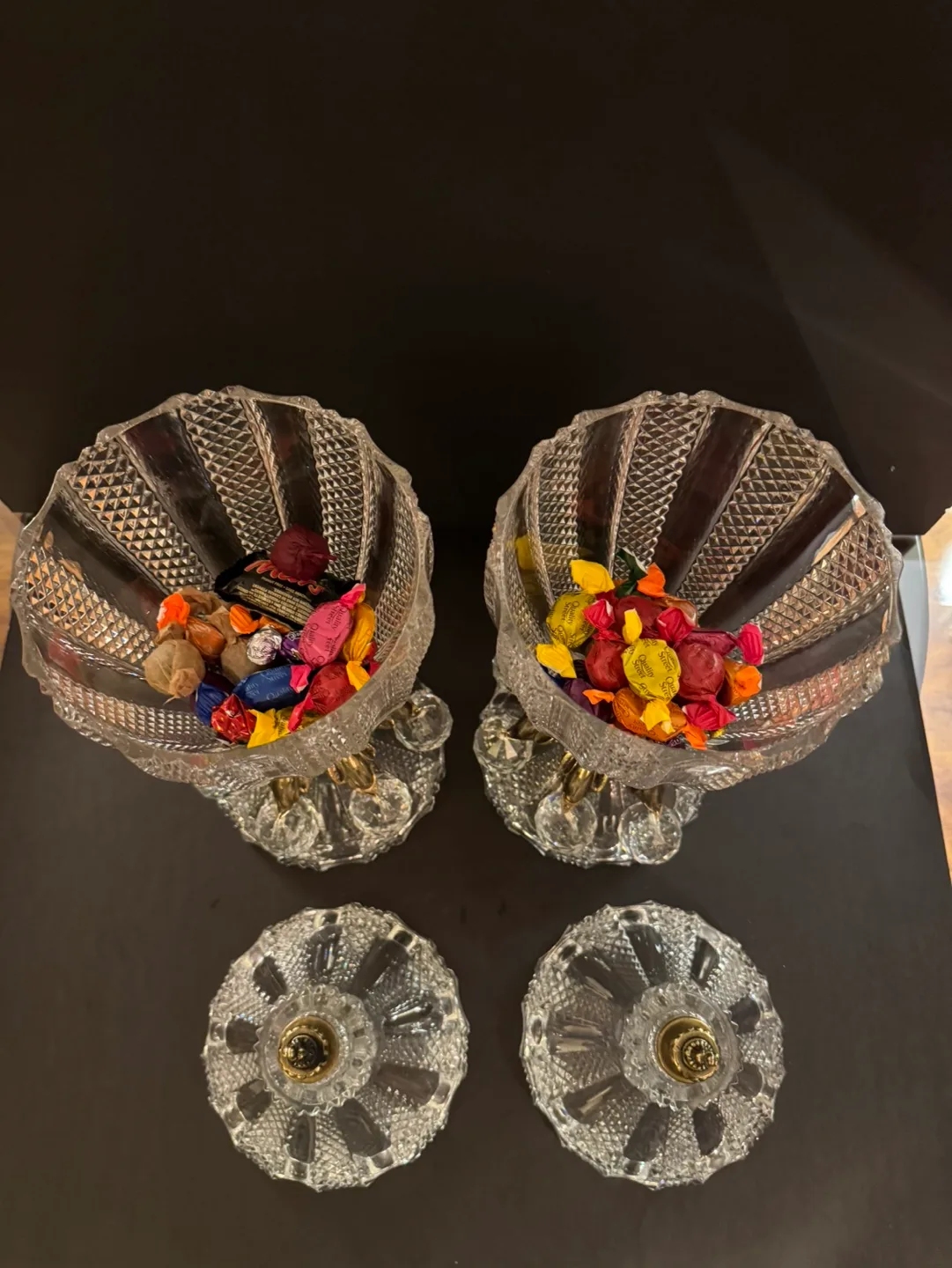 Vintage Pair of Crystal Candy Bowls with Brass Accents image indicator(6)