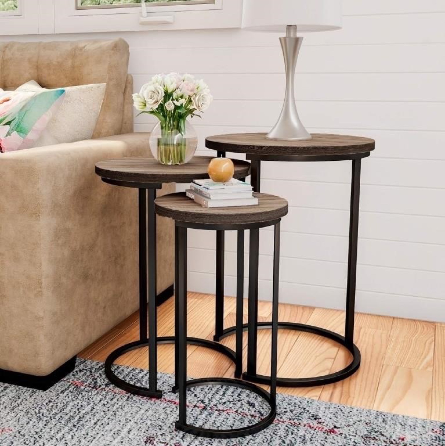 Round Nesting Set of 3, Modern Woodgrain Look with Black Base