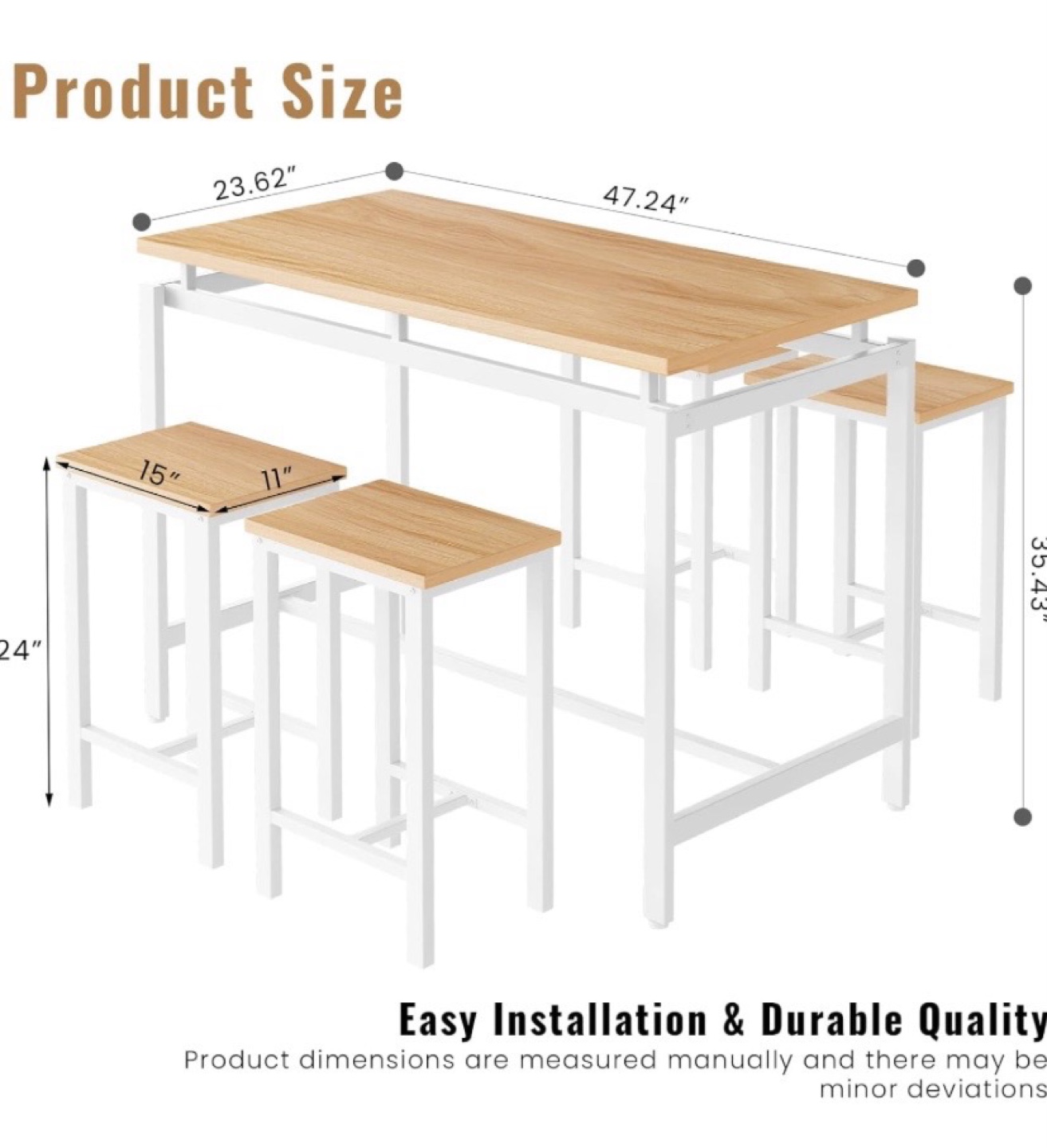 White and Light Wood Kitchen Table Set with Two Stools